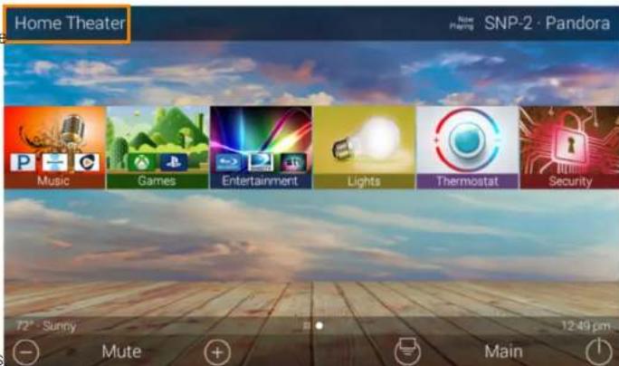 Home Theater New Playing SNP-2 · Pandora Music Games Entertainment Lights Thermostat Security 72° Sunny Mute Main