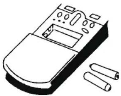 Line drawing of a remote control device with buttons and a cylindrical component (no text or symbols).