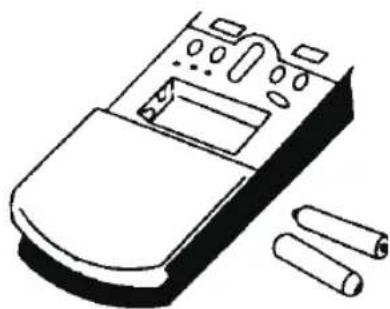 Line drawing of a remote control device with buttons and a cylindrical battery.