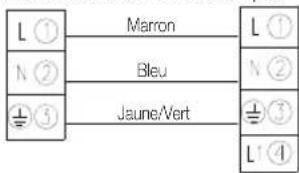 L ①, N ②, ± ③. Marron, Bleu, Jaune/Vert. L ①, N ②, ± ③, L' ④