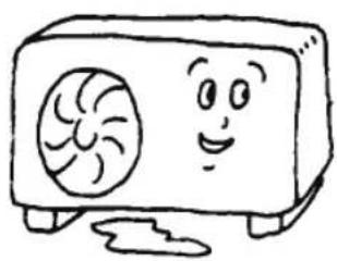 Cartoon illustration of a smiling air conditioner with a fan and steam drop.