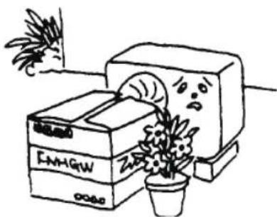 Simple line drawing of a computer with books and a potted plant.