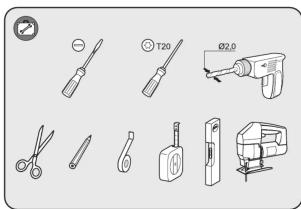 Technical diagram showing various tools and components with labels like screwdriver, T20, and drill press