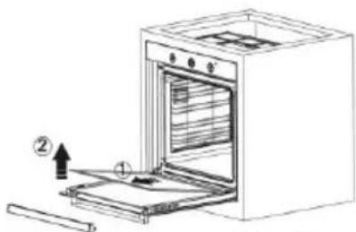 Diagram of an oven with labeled parts and directional arrow indicating assembly or movement