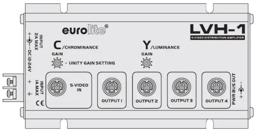 eurolite® LVH-1 S-VIDEO DISTRIBUTION AMPLIFIER INPUT 2A MAX DC12-24V C/CHROMINANCE GAIN • UNITY GAIN SETTING Y/LUMINANCE GAIN INPUT IA MAX CE S-VIDEO IN OUTPUT 1 OUTPUT 2 OUTPUT 3 OUTPUT 4 PWM SUBW/B OUT + -