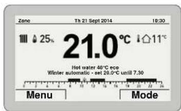 Zone Th 21 Sept 2014 18:30 25% 21.0°C 11°C Hot water 48°C ecp Winter automatic - set 20.0°C until 7.30 Menu Mode