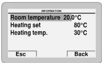 INFORMATION Room temperature 20.0°C Heating set 80°C Heating temp. 30°C Esc Back