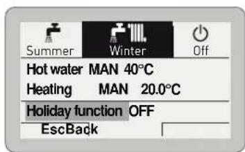 Summer Winter Off Hot water MAN 40°C Heating MAN 20.0°C Holiday function OFF EscBack