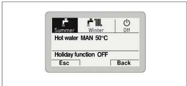 Summer Winter Off Hot water MAN 50°C Holiday function OFF Esc Back