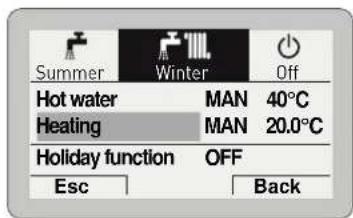 Summer Hot water Heating Holiday function Esc Winter MAN 40°C MAN 20.0°C OFF Back