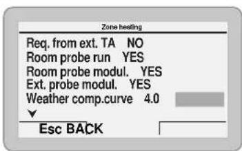 Zone heating Req. from ext. TA NO Room probe run YES Room probe modul. YES Ext. probe modul. YES Weather comp.curve 4.0 Esc BACK