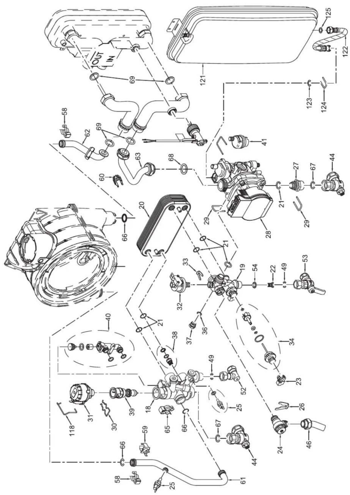 Technical diagram of automotive engine components with numbered parts and exploded views