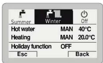 Summer Hot water Heating Holiday function Esc Winter MAN 40°C MAN 20.0°C OFF Back
