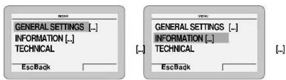 GENERAL SETTINGS [...] INFORMATION [...] TECHNICAL EscBack GENERAL SETTINGS [...] INFORMATION [...] TECHNICAL EscBack