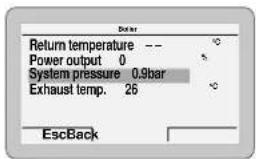 Return temperature -- Power output 0 System pressure 0.9bar Exhaust temp. 25 EscBack