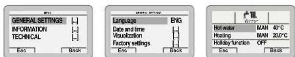 GENERAL SETTINGS INFORMATION TECHNICAL Esc Back Language ENG Date and time Visualization Factory settings Esc Back Hot water MAN 40°C Heating MAN 20.0°C Holiday function OFF Esc Back