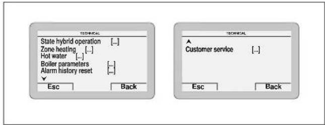 TECHNICAL State hybrid operation [...] Zone heating [...] Hot water [...] Boiler parameters [...] Alarm history reset [...] ✓ Esc Back TECHNICAL ▲ Customer service [...] Esc Back