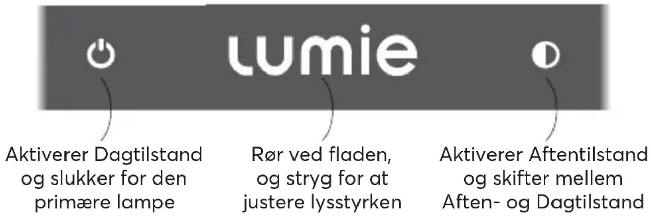 lumie Aktiverer Dagtilstand og slukker for den primære lampe Rør ved fladen, og stryg for at justere lysstyrken Aktiverer Aftentilstand og skifter mellem Aften- og Dagtilstand
