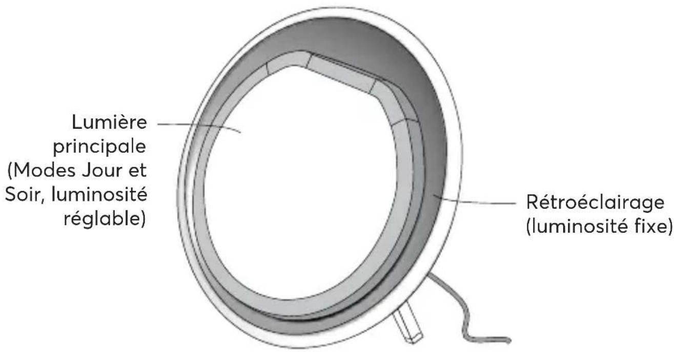 Lumière principale (Modes Jour et Soir, luminosité réglable) Rétroéclairage (luminosité fixe)