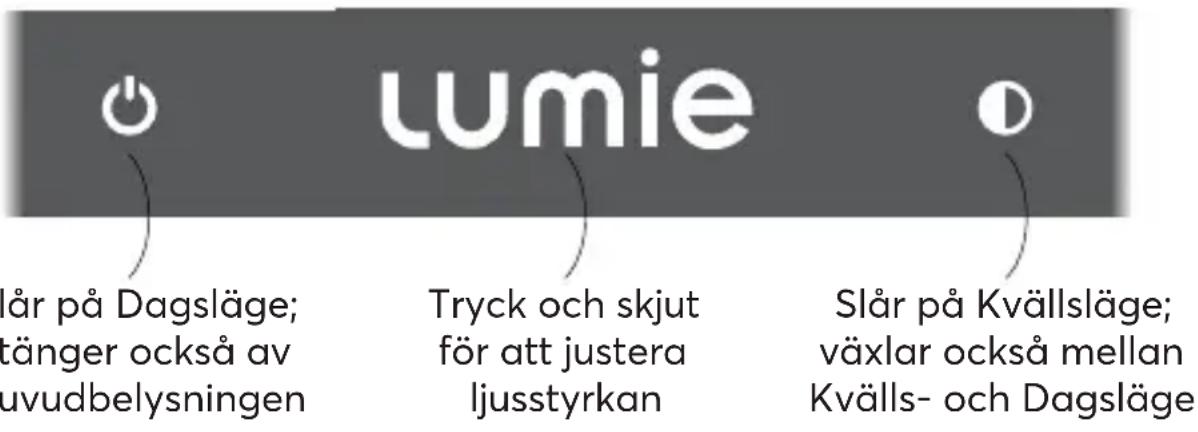 lumie lår på Dagsläge; tänger också av uvudbelysningen Tryck och skjut för att justera ljusstyrkan Slår på Kvällsläge; växlar också mellan Kvälls- och Dagsläge