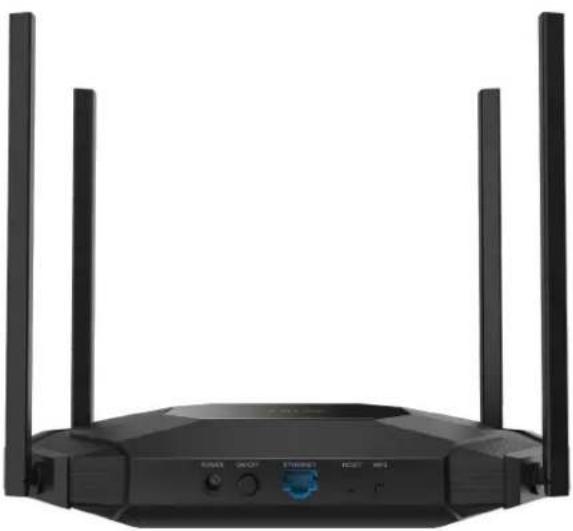 Front view of a black wireless router with four tall antennas and control buttons (no visible text or symbols)