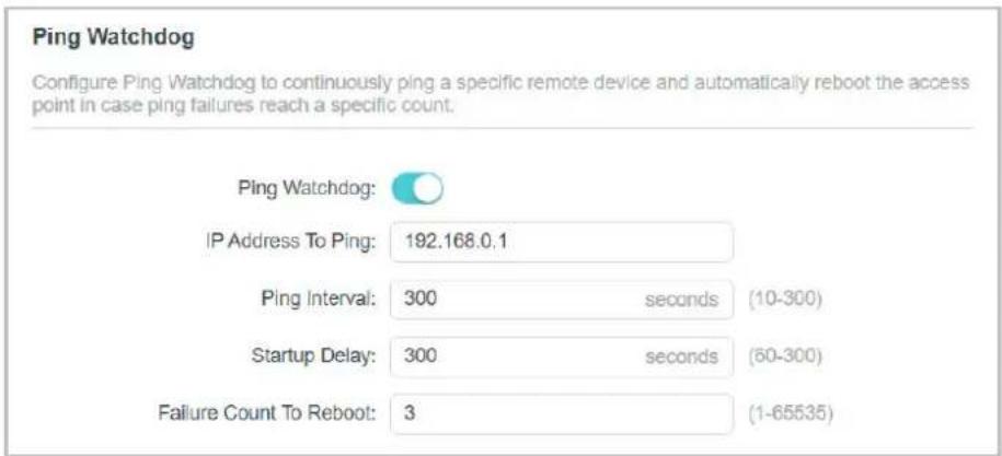 Ping Watchdog. Configure Ping Watchdog to continuously ping a specific remote device and automatically reboot the access point in case ping failures reach a specific count. Ping Watchdog: IP Address To Ping: 192.168.0.1. Ping Interval: 300 seconds (10-300). Startup Delay: 300 seconds (60-300). Failu…