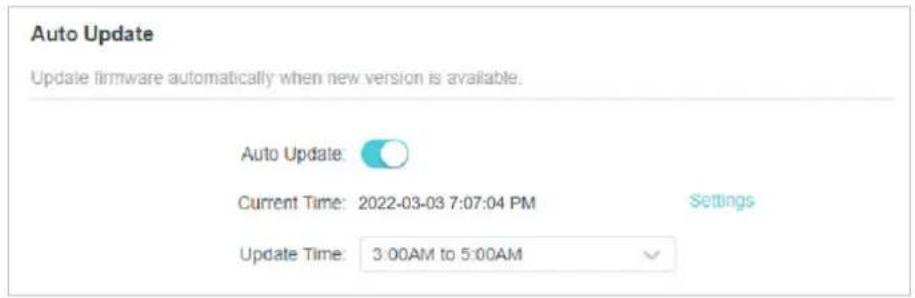 Auto Update. Update firmware automatically when new version is available. Auto Update: Current Time: 2022-03-03 7:07:04 PM. Settings. Update Time: 3:00 AM to 5:00 AM.