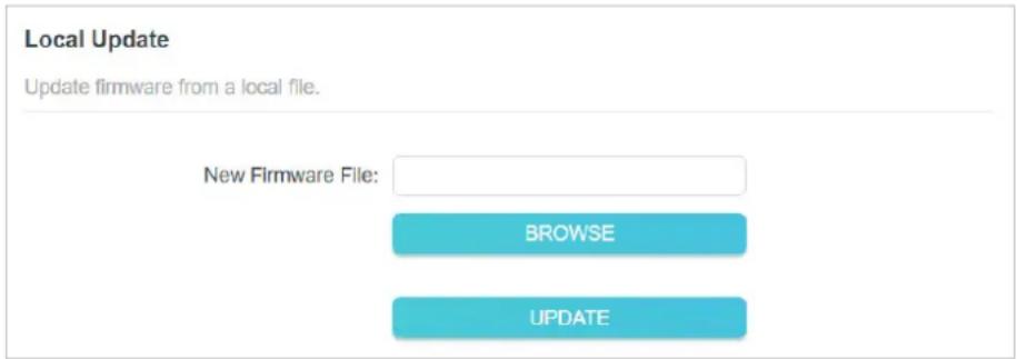Local Update. Update firmware from a local file. New Firmware File: BROWSE. UPDATE.