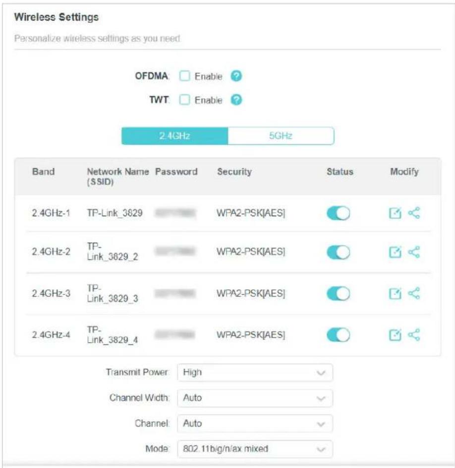 Wireless Settings Personalize wireless settings as you need OFDMA: Enable ? TWT: Enable ? 2.4GHz 5GHz Band Network Name Password Security Status Modify (SSID) 2.4GHz-1 TP-Link_3829 WPA2-PSK[AES] 2.4GHz-2 TP-Link_3829_2 WPA2-PSK[AES] 2.4GHz-3 TP-Link_3829_3 WPA2-PSK[AES] 2.4GHz-4 TP-Link_3829_4 WPA2-…
