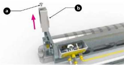 Technical diagram showing a mechanical assembly with labeled components (a) and (b), including directional arrows and highlighted parts.