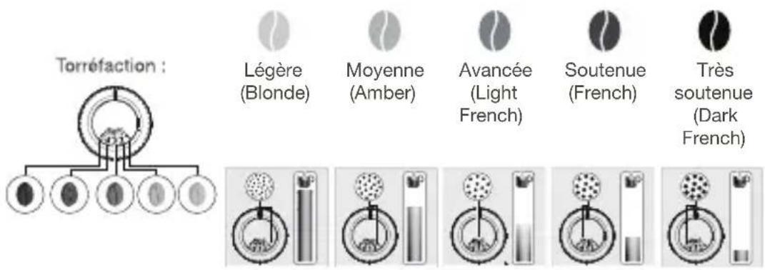 Torréfaction : Légère (Blonde) Moyenne (Amber) Avancée (Light French) Soutenue (French) Très soutenue (Dark French)