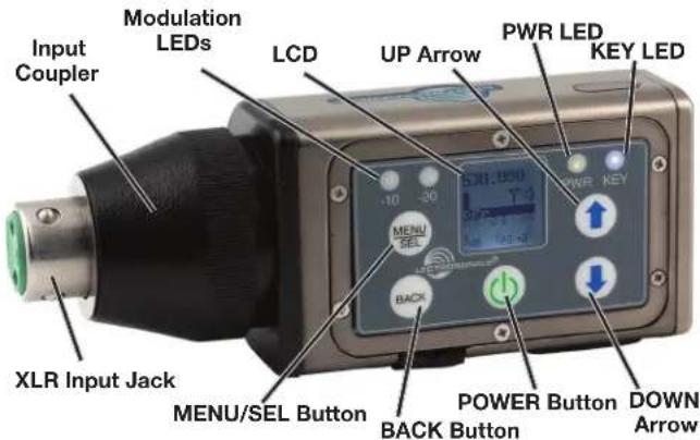 Input Coupler Modulation LEDs LCD UP Arrow PWR LED KEY LED XLR Input Jack MENU/SEL Button BACK Button POWER Button DOWN Arrow