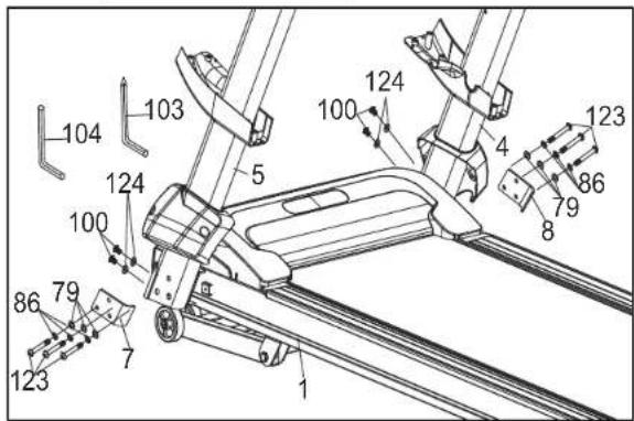 Technical diagram of a treadmill with numbered components and measurement annotations