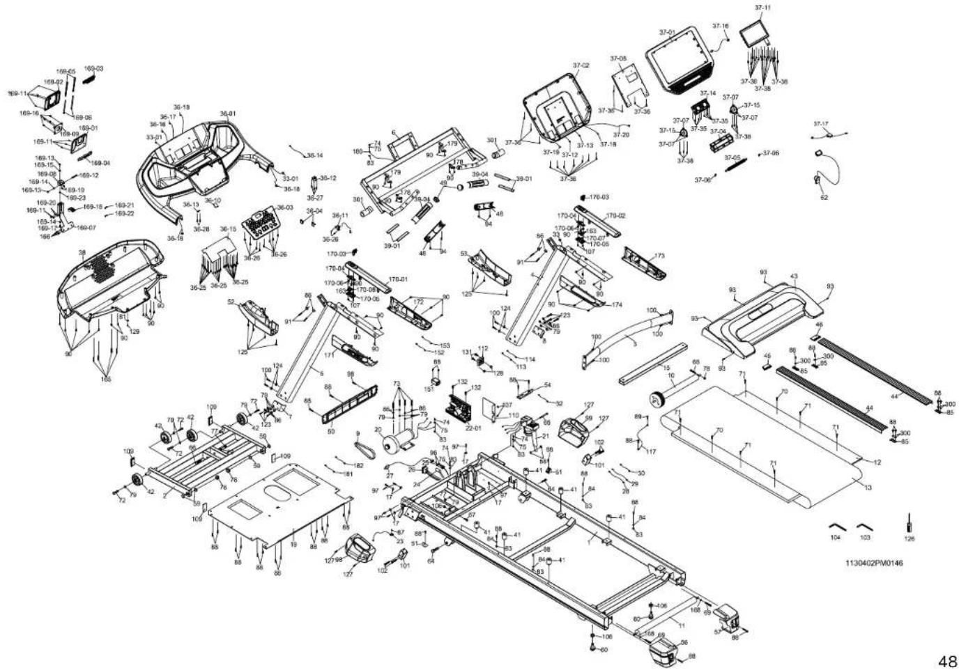Exploded view diagram of a 1130402PM0146 motor assembly with component labels and part numbers