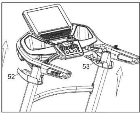 Technical diagram of a treadmill with labeled parts and directional arrows indicating motion or movement.