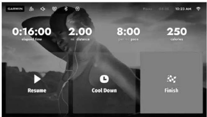 GARMIN 0:16:00 elapsed time 2.00 mi distance 8:00 per mi pace 250 calories Resume Cool Down Finish