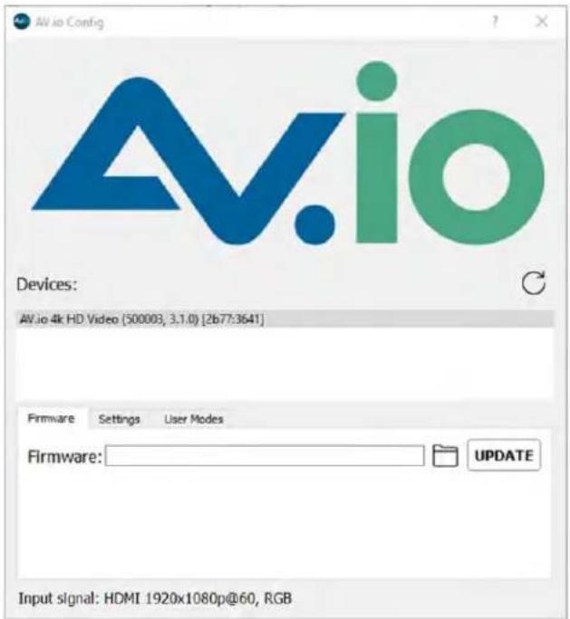 AV.io Config Av.io Devices: AV.io 4k HD Video (500003, 3.1.0) [2677:3641] Firmware Settings User Modes Firmware: UPDATE Input signal: HDMI 1920x1080p@60, RGB