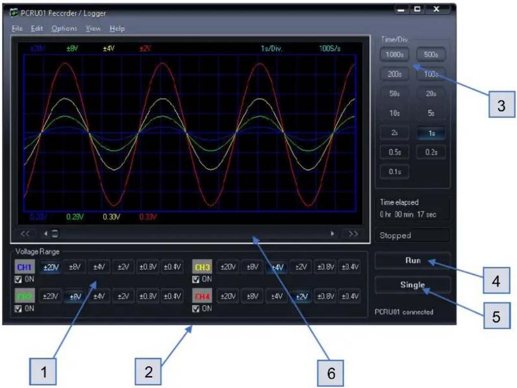 PCRUD1 Recorder / Logger File Edit Options View Help ±3V ±8V ±4V ±2V 1s/Div. 100S/s Time/Div. 1000s 500s 200s 100s 50s 20s 10s 5s 2s 1s 0.5s 0.2s 0.1s Time elapsed 0 hr 00 min 17 sec Stopped Voltage Range CH1 ±20V ±8V ±4V ±2V ±0.8V ±0.4V CH3 ±20V ±8V ±4V ±2V ±0.8V ±0.4V ON ON ±20V ±8V ±4V ±2V ±0.8V ±0.4V CH4 ±20V ±8V ±4V ±2V ±0.8V ±0.4V ON ON 1 2 6 Run Single PCRU01 connected
