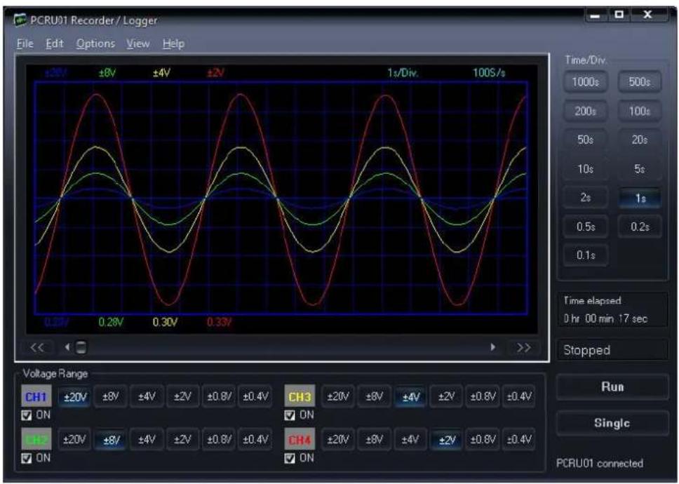 PCRU01 Recorder / Logger File Edit Options View Help ±2V ±8V ±4V ±2V 1s/Div. 100S/s Time/Div. 1000s 500s 200s 100s 50s 20s 10s 5s 2s 1s 0.5s 0.2s 0.1s Time elapsed 0 hr 00 min 17 sec Stopped Voltage Range CH1 ±20V ±8V ±4V ±2V ±0.8V ±0.4V CH3 ±20V ±8V ±4V ±2V ±0.8V ±0.4V ON L+2 ±20V ±8V ±4V ±2V ±0.8V ±0.4V CH4 ±20V ±8V ±4V ±2V ±0.8V ±0.4V ON Run Single PCRU01 connected