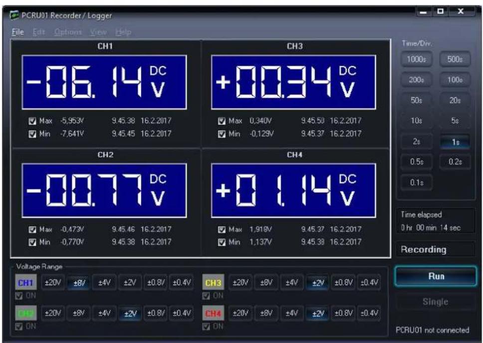 PCRU01 Recorder / Logger File Edit Options View Help CH1 -06.14 DC V Max -5.953V 9.45.38 16.2.2017 Min -7.641V 9.45.45 16.2.2017 CH3 +00.34 DC V Max 0.340V 9.45.50 16.2.2017 Min -0.129V 9.45.37 16.2.2017 CH2 -00.77 DC V Max -0.473V 9.45.46 16.2.2017 Min -0.770V 9.45.38 16.2.2017 CH4 +01.14 DC V Max 1.918V 9.45.37 16.2.2017 Min 1.137V 9.45.38 16.2.2017 Voltage Range CH1 ±20V ±8V ±4V ±2V ±0.8V ±0.4V ON CH3 ±20V ±8V ±4V ±2V ±0.8V ±0.4V ON CH4 ±20V ±8V ±4V ±2V ±0.8V ±0.4V ON Time/Div. 1000s 500s 200s 100s 50s 20s 10s 5s 2s 1s 0.5s 0.2s 0.1s Time elapsed 0 hr 00 min 14 sec Recording Run Single PCRU01 not connected