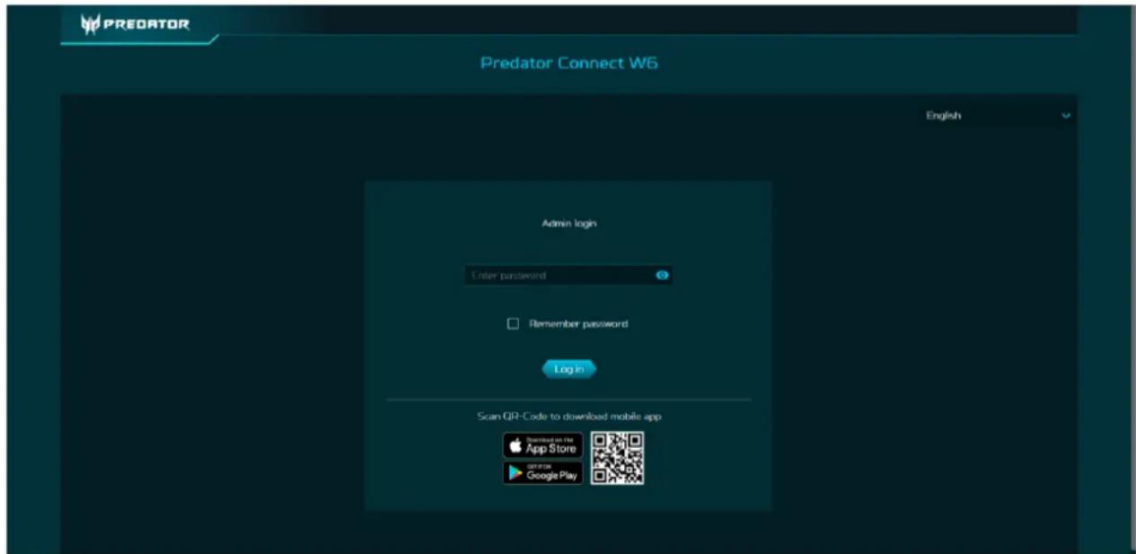Predator Connect W6 Admin login Enter password Remember password Login Scan QR-Code to download mobile app Download on the App Store GET FOR Google Play
