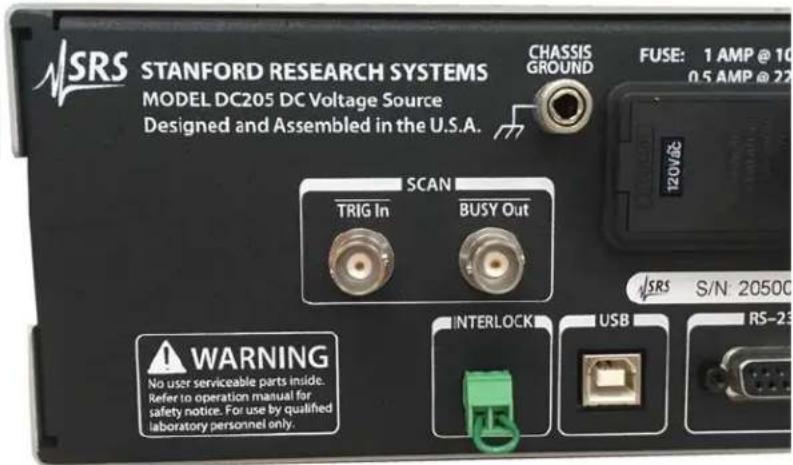 SRS STANFORD RESEARCH SYSTEMS MODEL DC205 DC Voltage Source Designed and Assembled in the U.S.A. CHASSIS GROUND FUSE: 1 AMP @ 10 0.5 AMP @ 27 SCAN TRIG In BUSY Out SRS S/N 2050C INTERLOCK USB RS-23 WARNING No user serviceable parts inside. Refer to operation manual for safety notice. For use by qual…