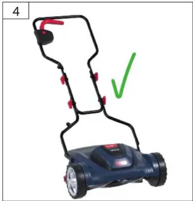 Blue lawn mower with red handle and black outline, marked with a green checkmark (no text or symbols on the device itself)