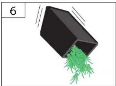 Illustration of a black container with green leaves being poured into it, labeled '6', no text or symbols on the container itself.