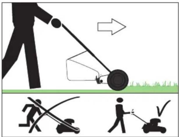 Illustration showing a person using a lawn push press to cut grass and two other actions: one with a crosshair, the other with a checkmark, no text or symbols.