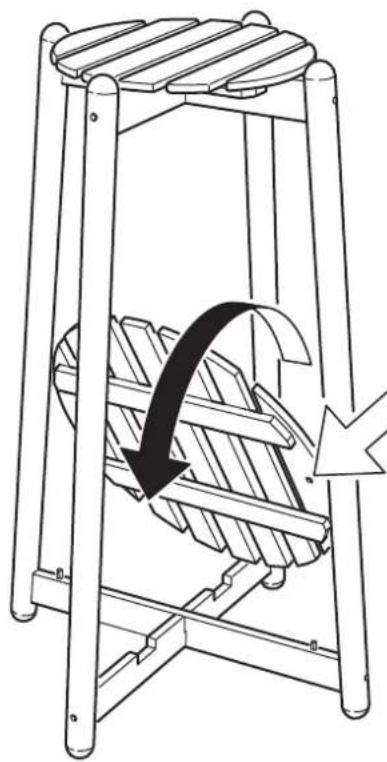 Diagram of a mechanical structure with a curved arrow indicating rotational motion (no text or symbols)