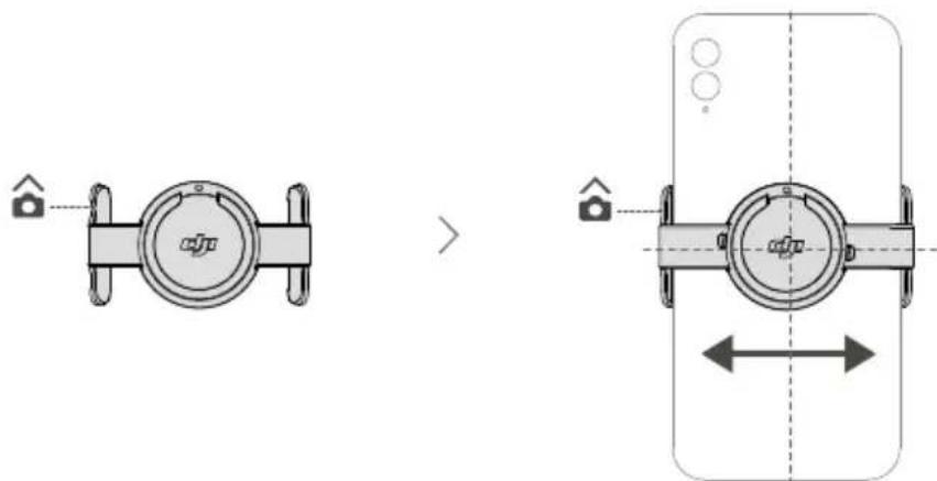 Diagram showing a device with a circular component and a smartphone with a bidirectional arrow indicating alignment (no text or symbols present)