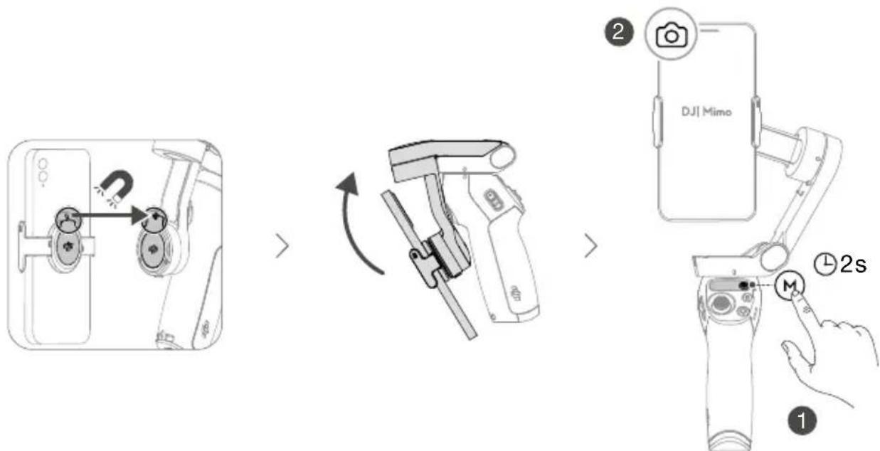 graph TD A["Device with sensor icon"] --> B["Inserted device with switch"] B --> C["Rotate device with camera module"] C --> D["Time-lapse: 2s, 1s, 2s"] D --> E["Hand holding camera with M button"]