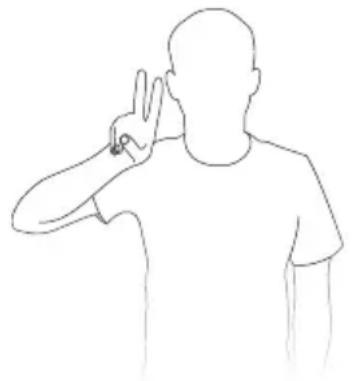 Line drawing of a person making a hand gesture with one finger raised (no text or symbols)