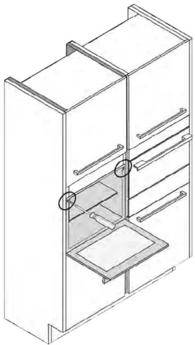 Isometric line drawing of a multi-level cabinet or rack unit with shelves and drawers, no text or symbols present.